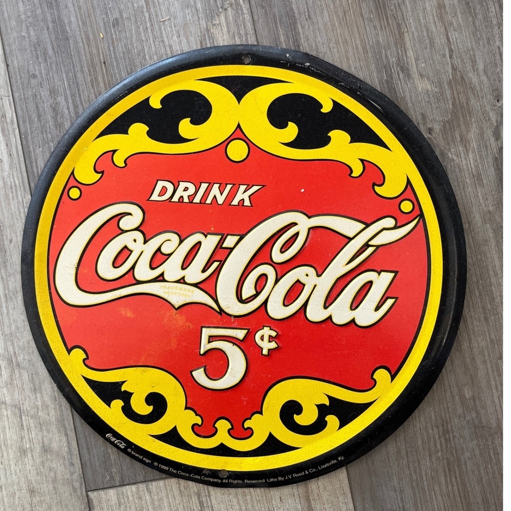 Vintage Coca Cola 5 Cents Drink Metal Sign 1999 Round Collectible
